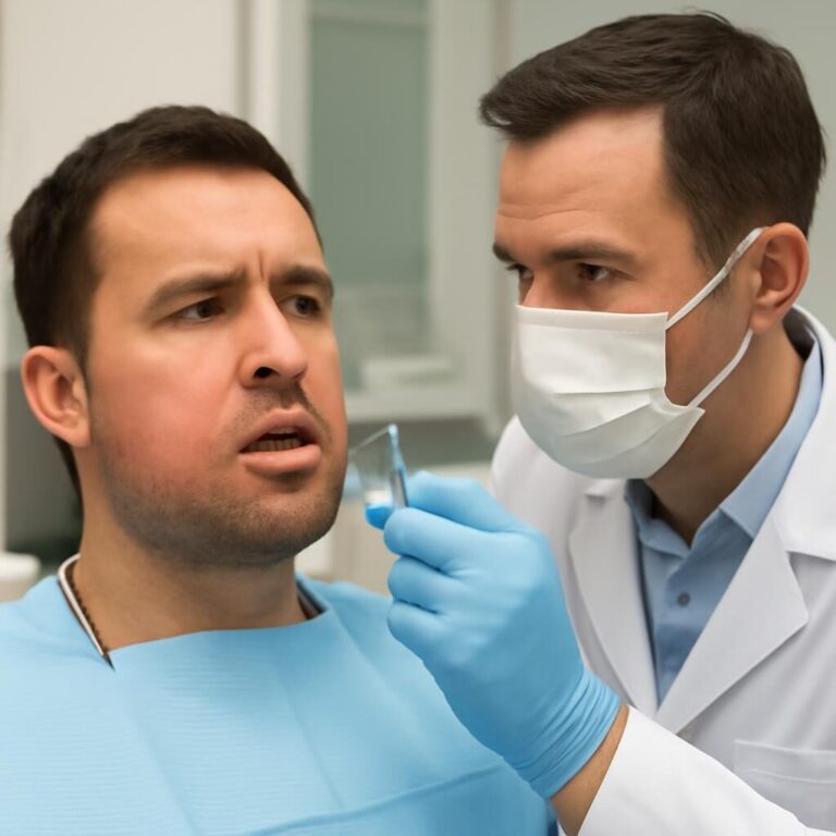Patient présentant un gonflement de la joue dû à un abcès dentaire en consultation