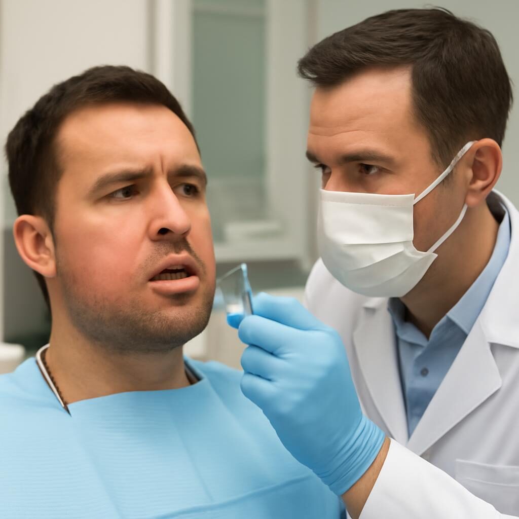 Patient présentant un gonflement de la joue dû à un abcès dentaire en consultation