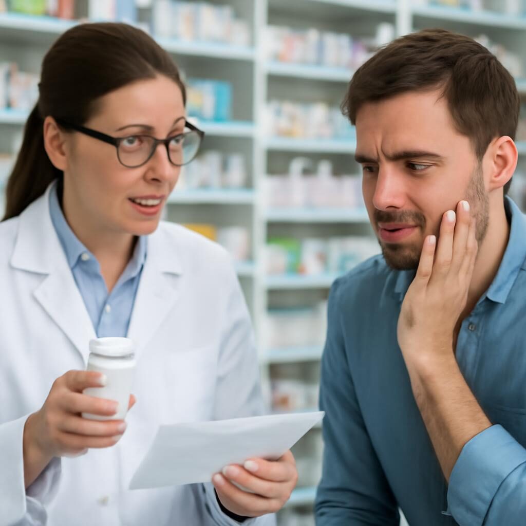 Pharmacien remettant des antibiotiques à un patient après traitement d'abcès dentaire