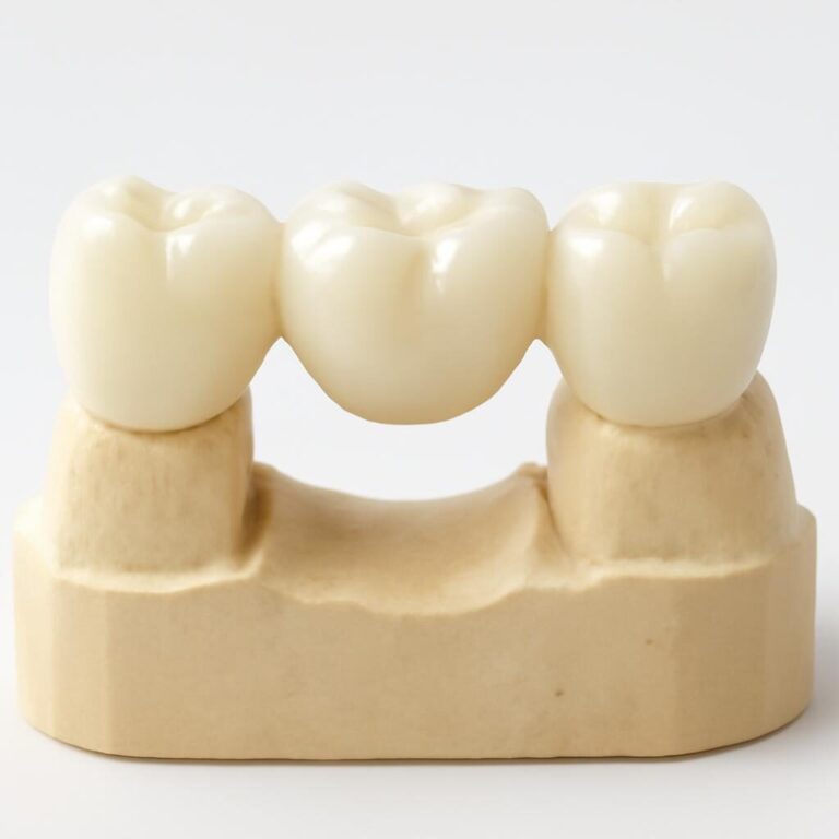Bridge dentaire en céramique — modèle prothétique trois éléments sur fond blanc