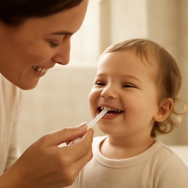 Parent brossant les dents de son bébé avec une petite brosse douce