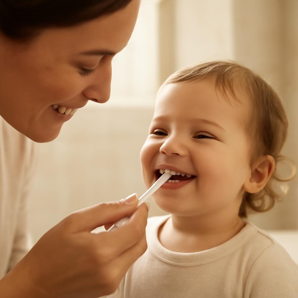 Parent brossant les dents de son bébé avec une petite brosse douce