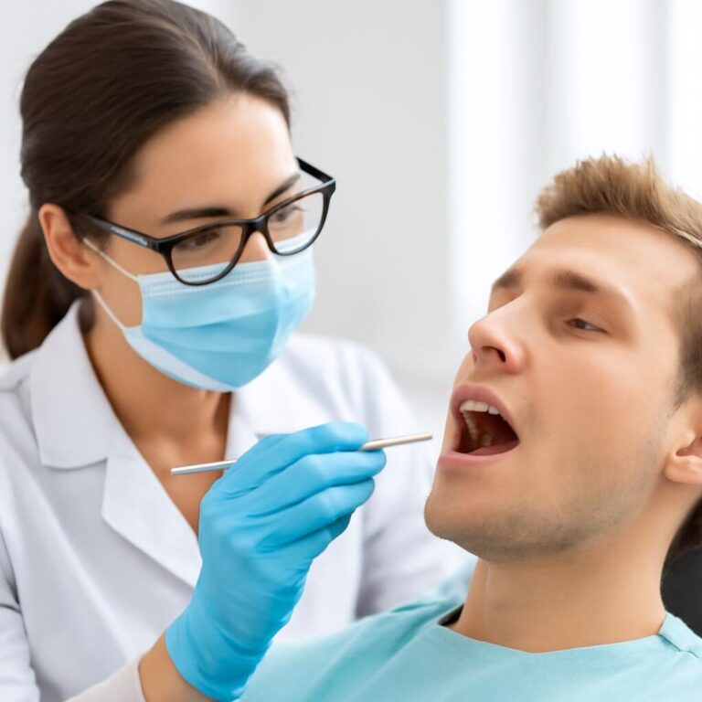 Dentiste examinant une carie dentaire avec miroir et sonde exploratrice