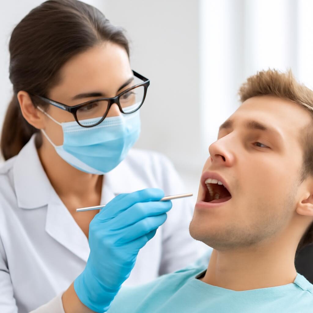 Dentiste examinant une carie dentaire avec miroir et sonde exploratrice