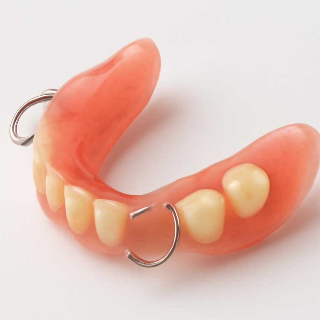 Dentier partiel en résine avec crochets métalliques sur fond blanc
