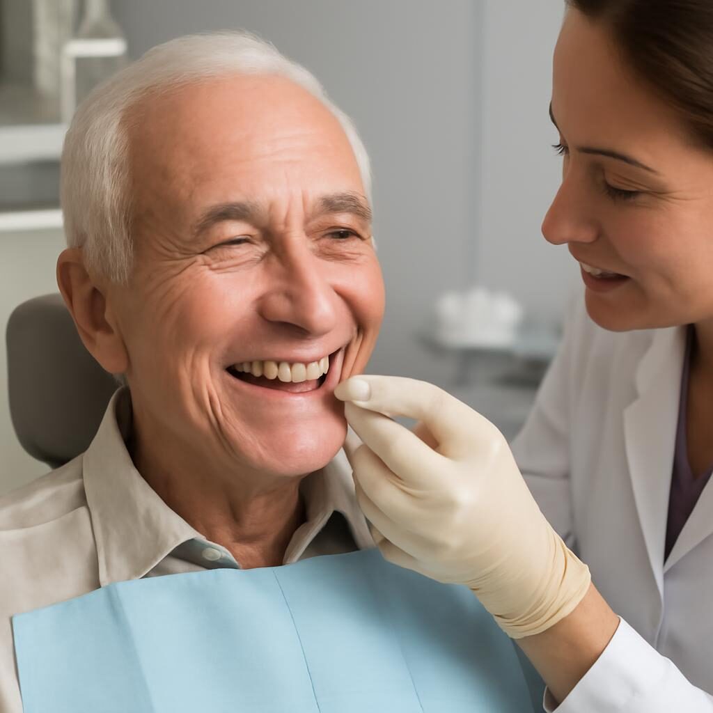 Patient satisfait après la pose de son dentier partiel chez le dentiste