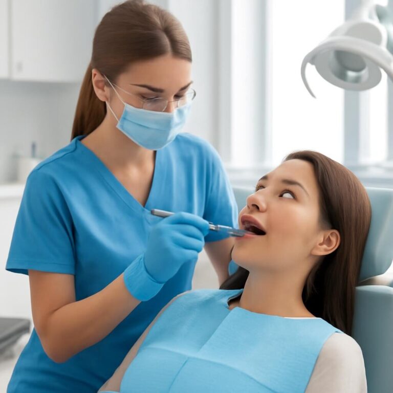 Hygiéniste dentaire réalisant un détartrage professionnel sur un patient