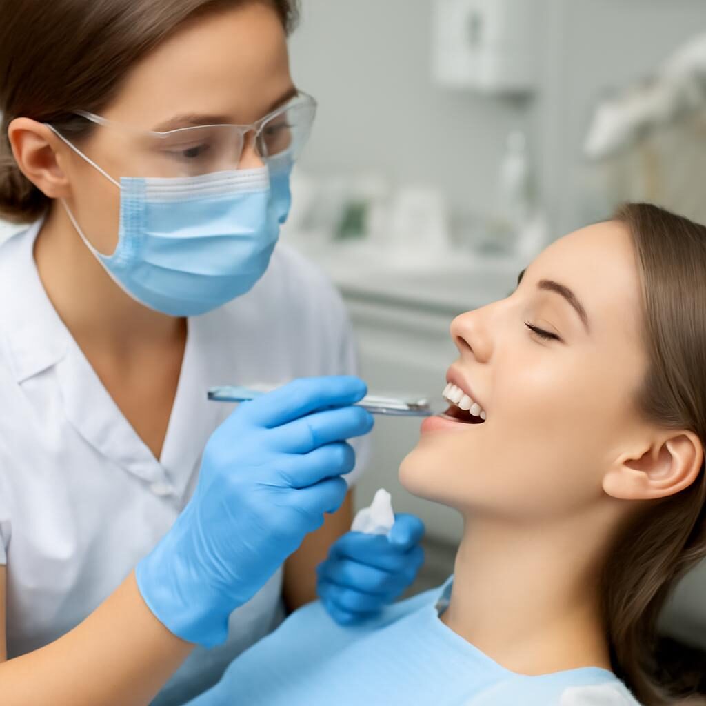 Dentiste appliquant un vernis fluoré après un détartrage et polissage