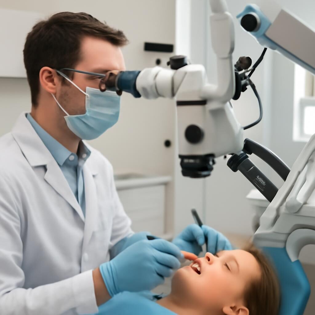 Endodontiste réalisant un traitement canalaire sous microscope dentaire