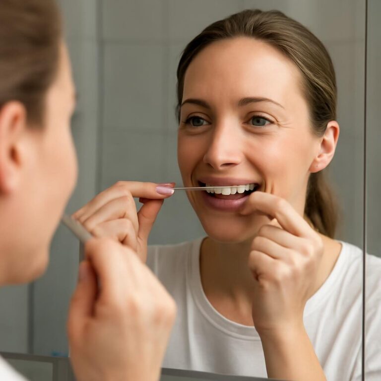 Utilisation correcte du fil dentaire entre les dents devant un miroir de salle de bain