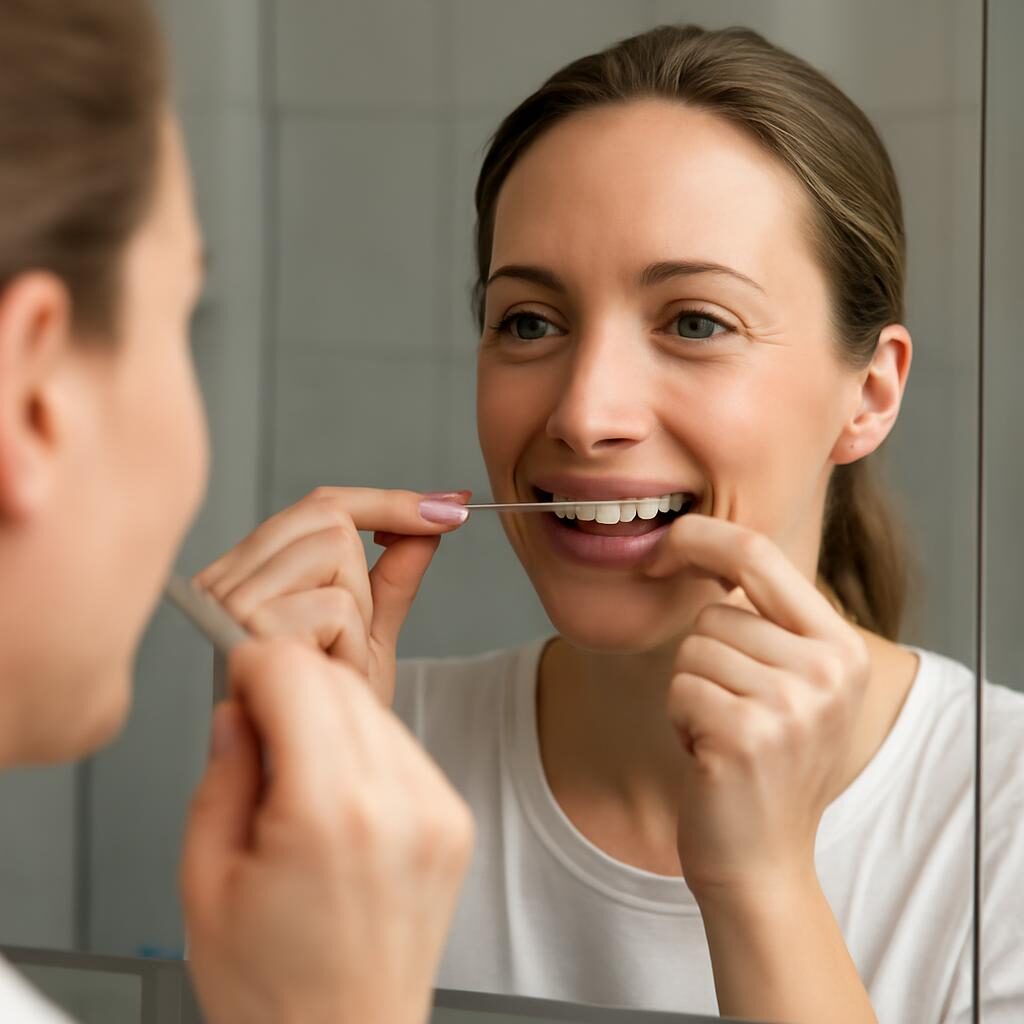 Utilisation correcte du fil dentaire entre les dents devant un miroir de salle de bain