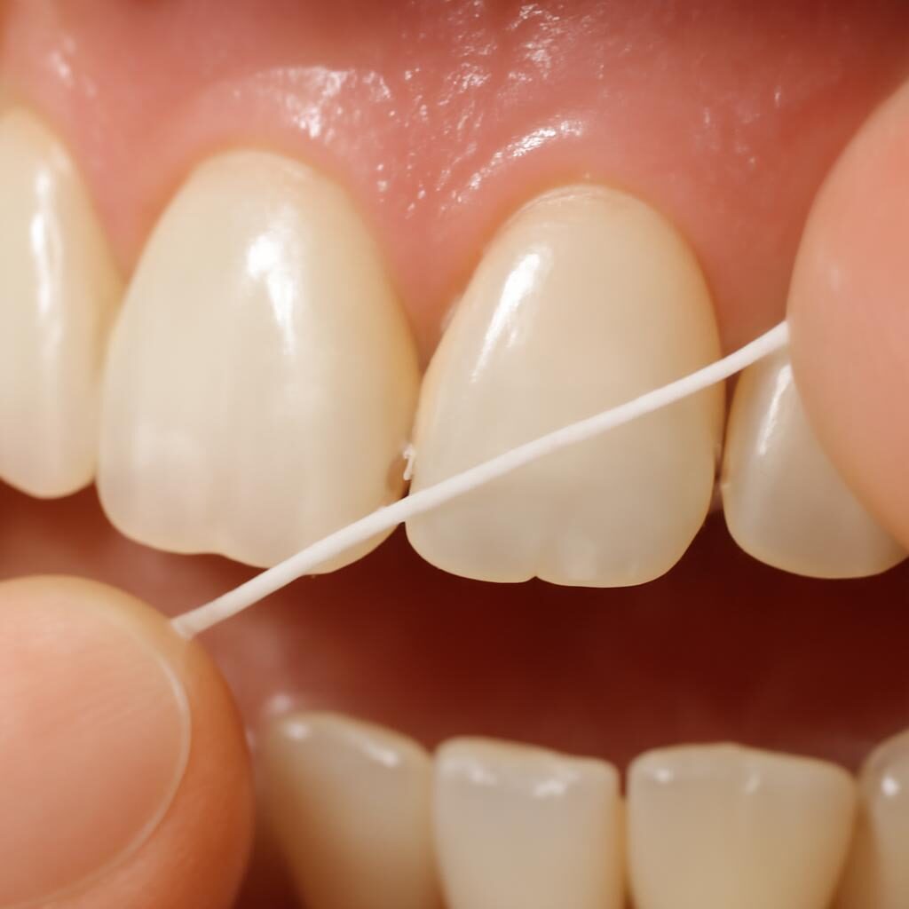 Technique correcte de passage du fil dentaire entre deux dents en gros plan