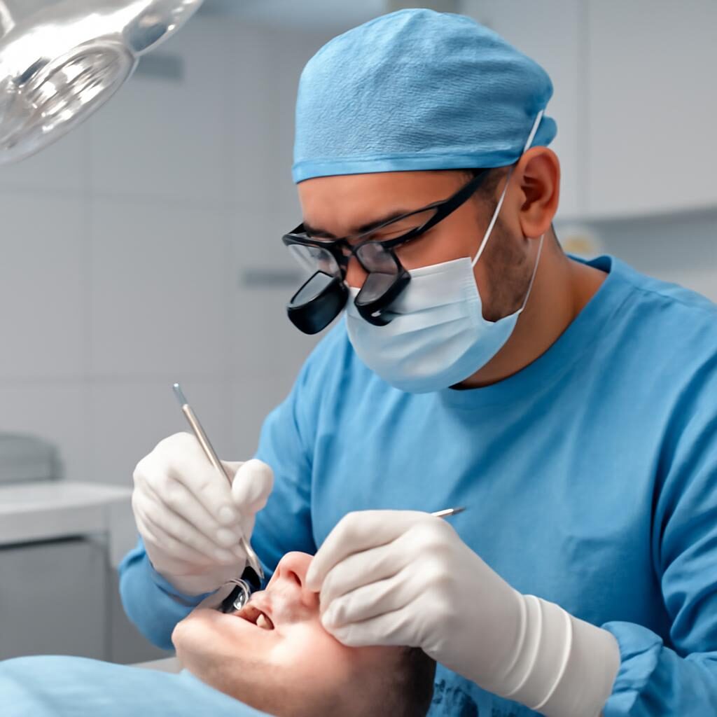 Chirurgien oral réalisant une greffe osseuse pré-implantaire en cabinet