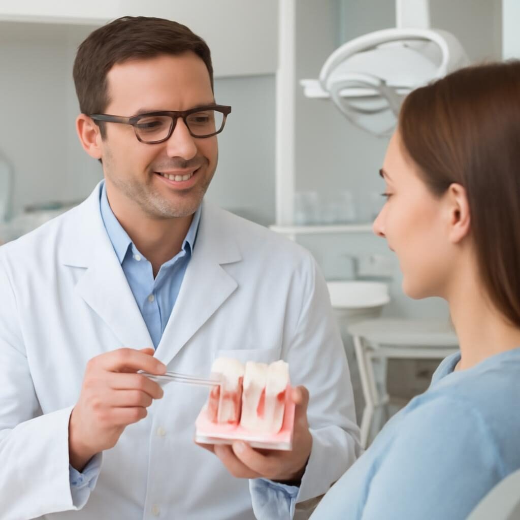 Consultation implant dentaire — dentiste expliquant la pose sur maquette anatomique