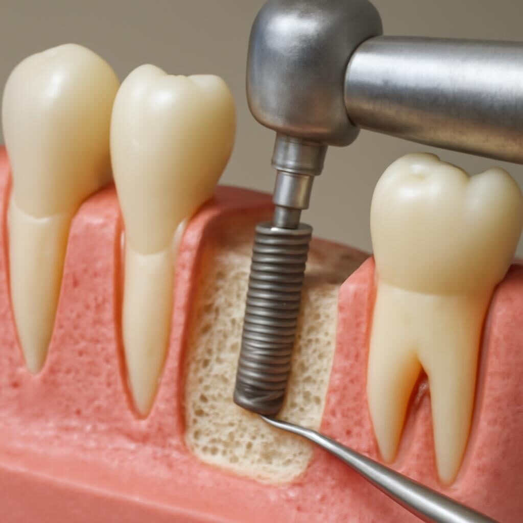 Modèle anatomique montrant la pose d'un implant dentaire en titane dans l'os maxillaire