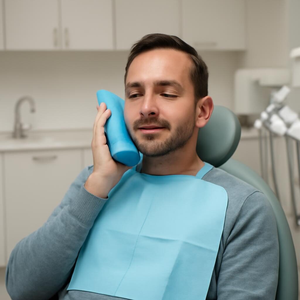 Patient en convalescence après pose d'implant dentaire avec application de glace