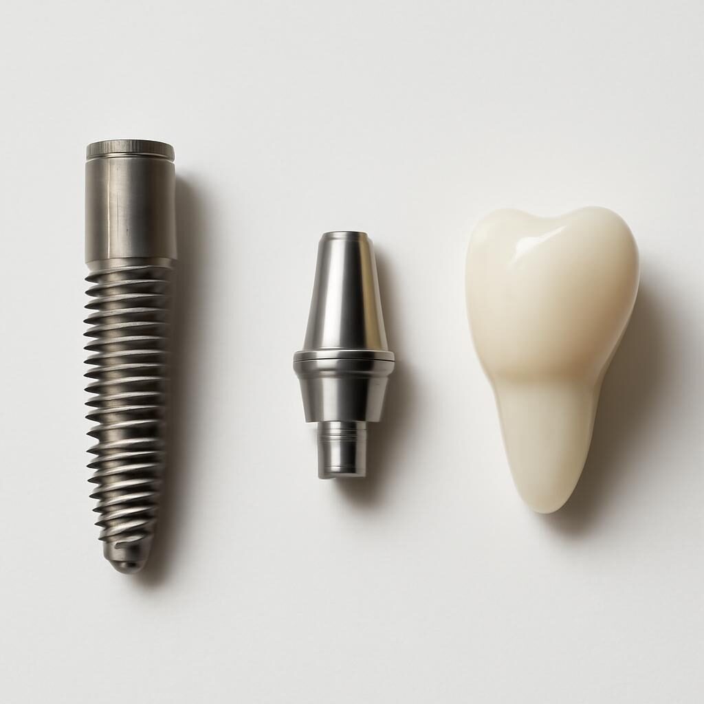 Composants d'un implant dentaire : vis, pilier et couronne séparés
