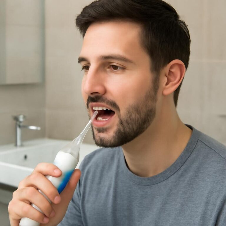Utilisation correcte d'un irrigateur buccal entre les dents dans la salle de bain