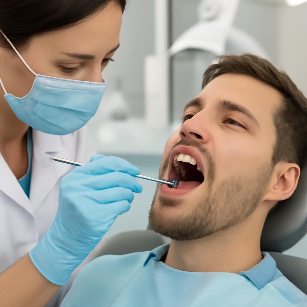 Maladie parodontale — examen des gencives par le dentiste avec sonde parodontale