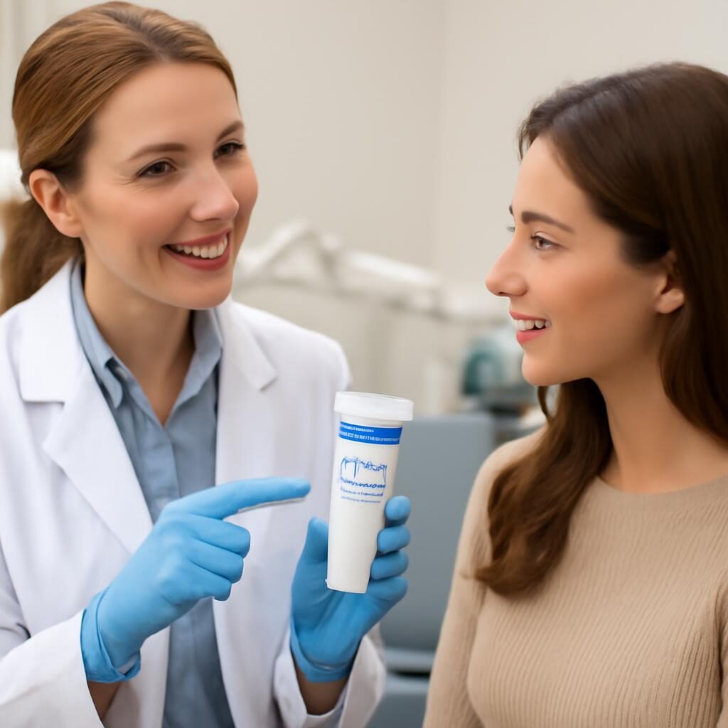 Dentiste conseillant un dentifrice pour dents sensibles lors d'une consultation