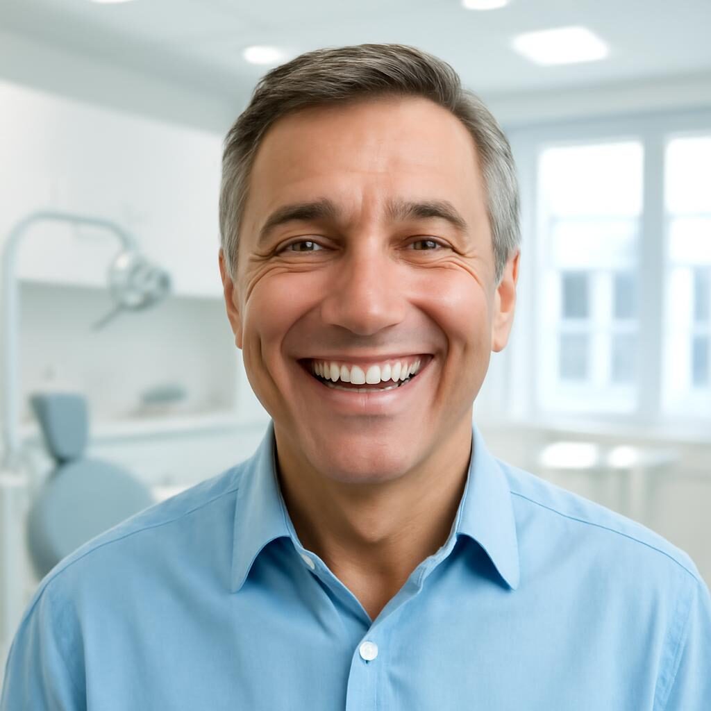 Patient souriant avec arcade complete fixe sur implants All-on-4