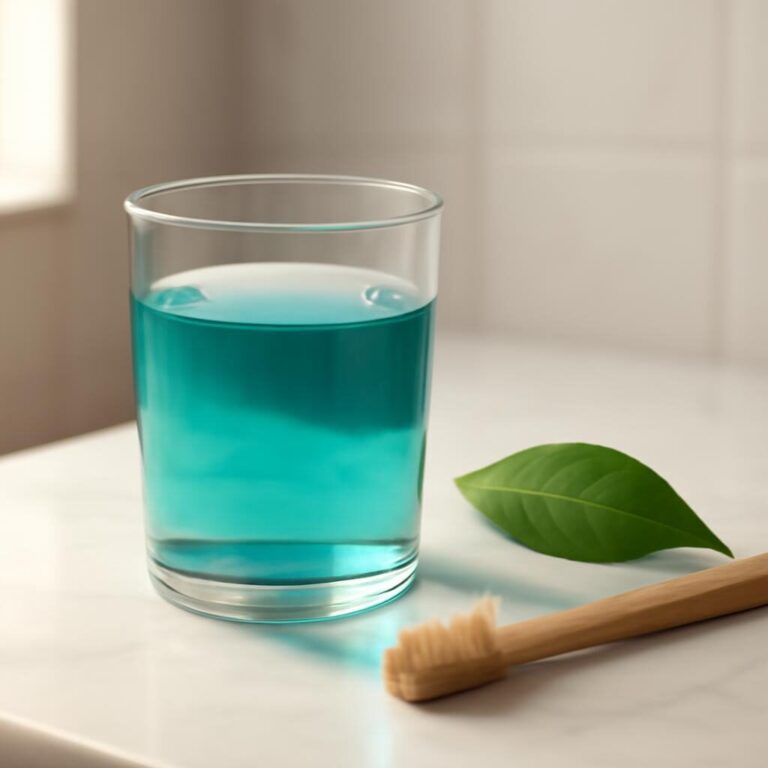 Bain de bouche dans un verre avec brosse à dents