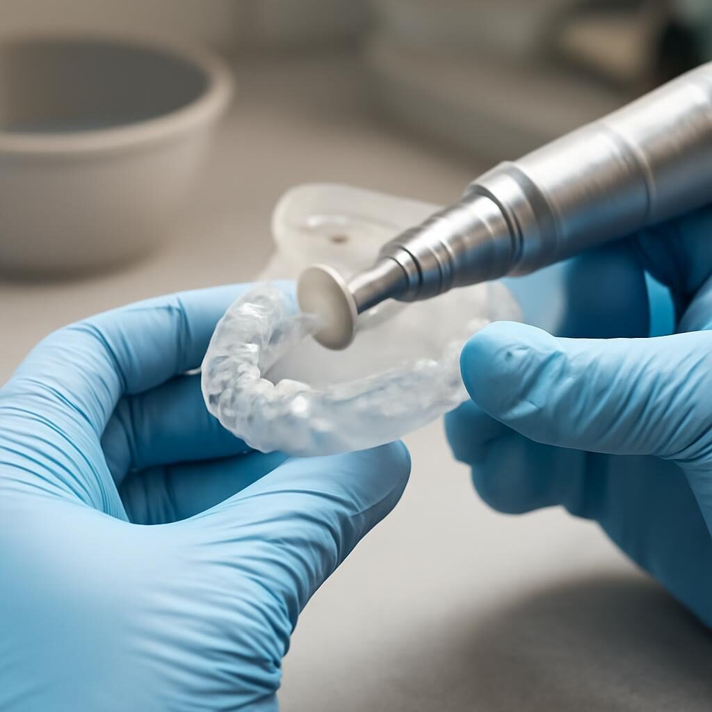 Prothésiste polissant une gouttière occlusale au laboratoire