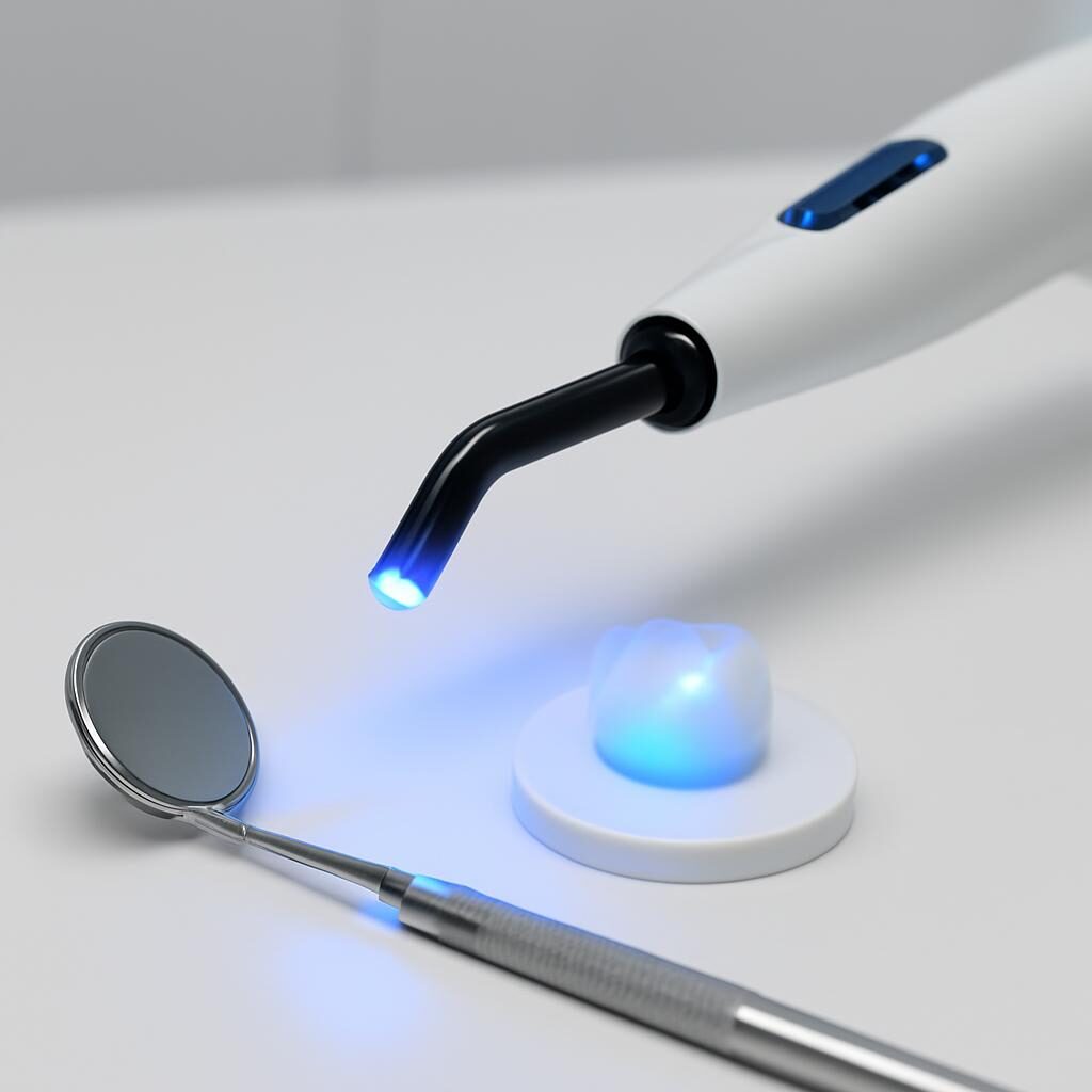 Lampe LED et composite dentaire en cours de polymérisation
