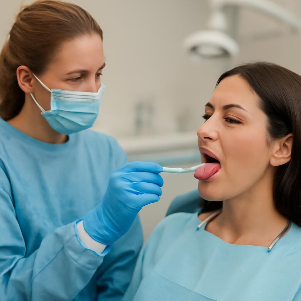 Hygiéniste démontrant la technique de nettoyage de la langue