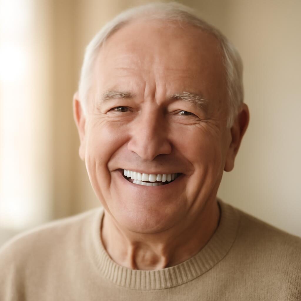 Patient senior souriant après pose de prothèse dentaire