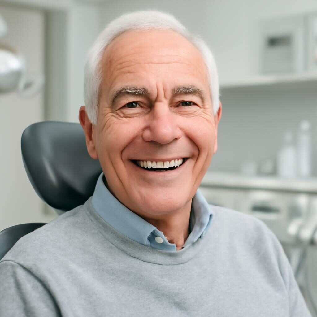Patient senior souriant après pose d'overdenture sur implants