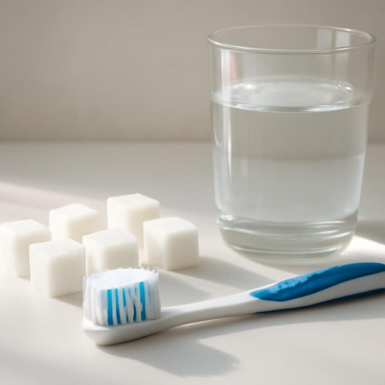 Sucre et caries : morceaux de sucre et brosse à dents