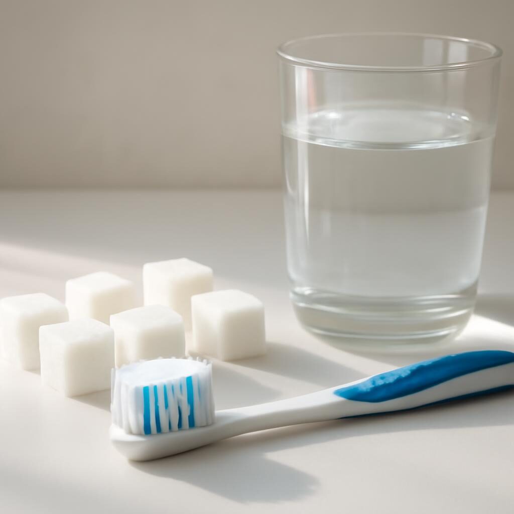 Morceaux de sucre près d'une brosse à dents et d'un verre d'eau