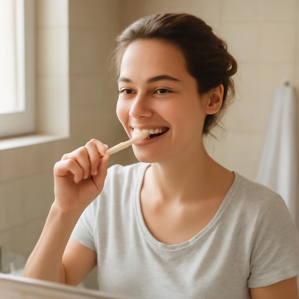 Femme se brossant les dents avec une brosse souple devant son miroir