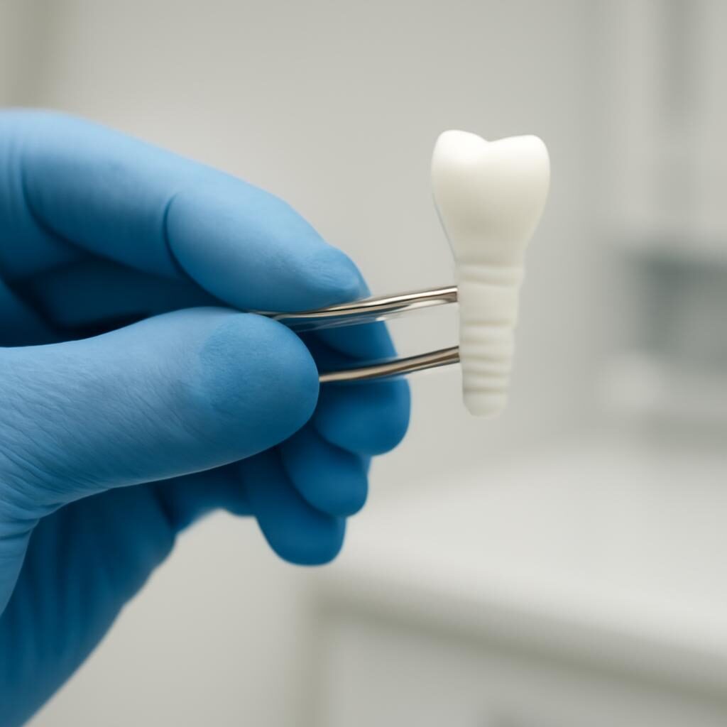 Implant en zircone blanc tenu par un dentiste en consultation