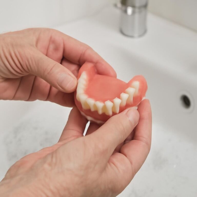 Entretien prothèse amovible : nettoyage quotidien au-dessus du lavabo