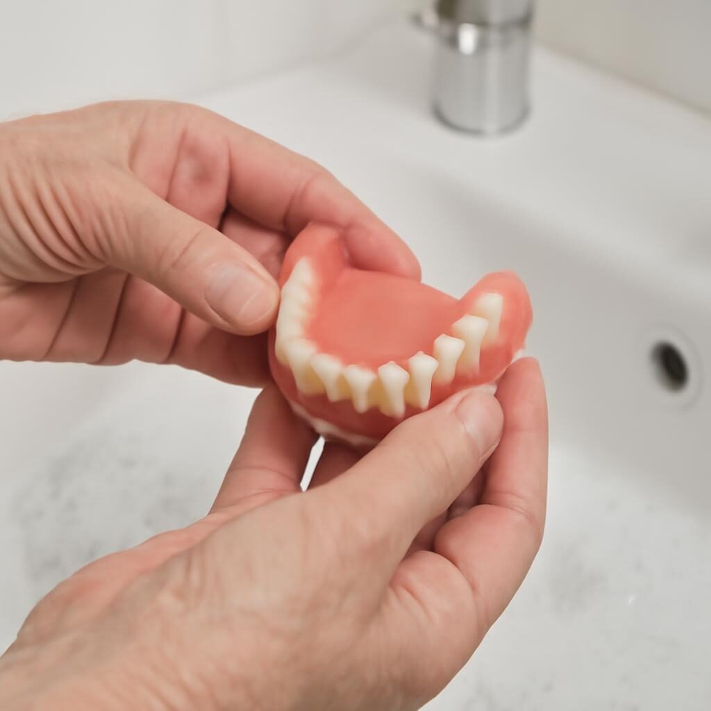 Entretien prothèse amovible : nettoyage quotidien dans le lavabo