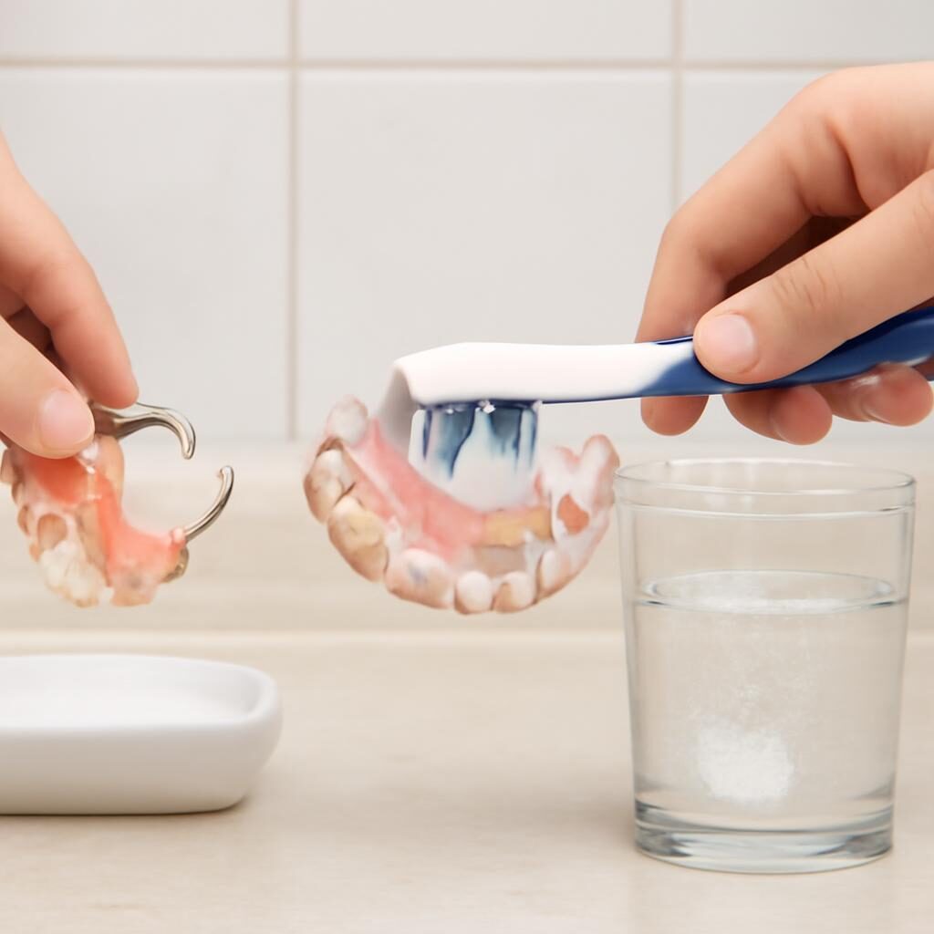 Brossage avec brosse dédiée et pastille effervescente pour prothèse