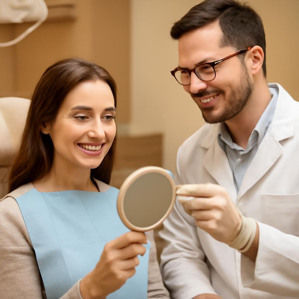 Dentiste expliquant une prothèse provisoire longue durée à un patient