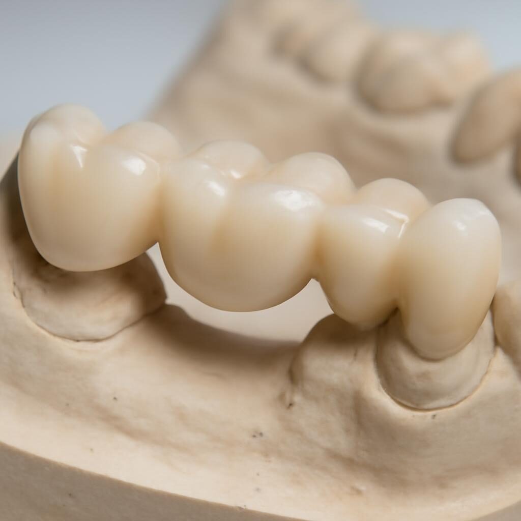 Bridge dentaire provisoire en résine sur modèle de plâtre